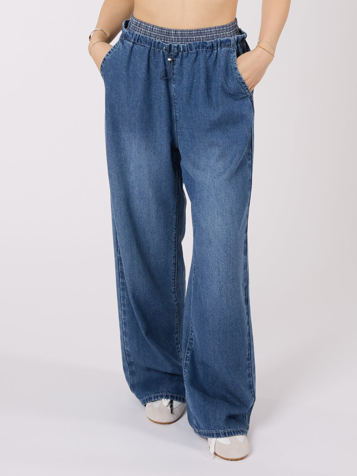 Double Layered Waist Wide Leg Denim Pants
