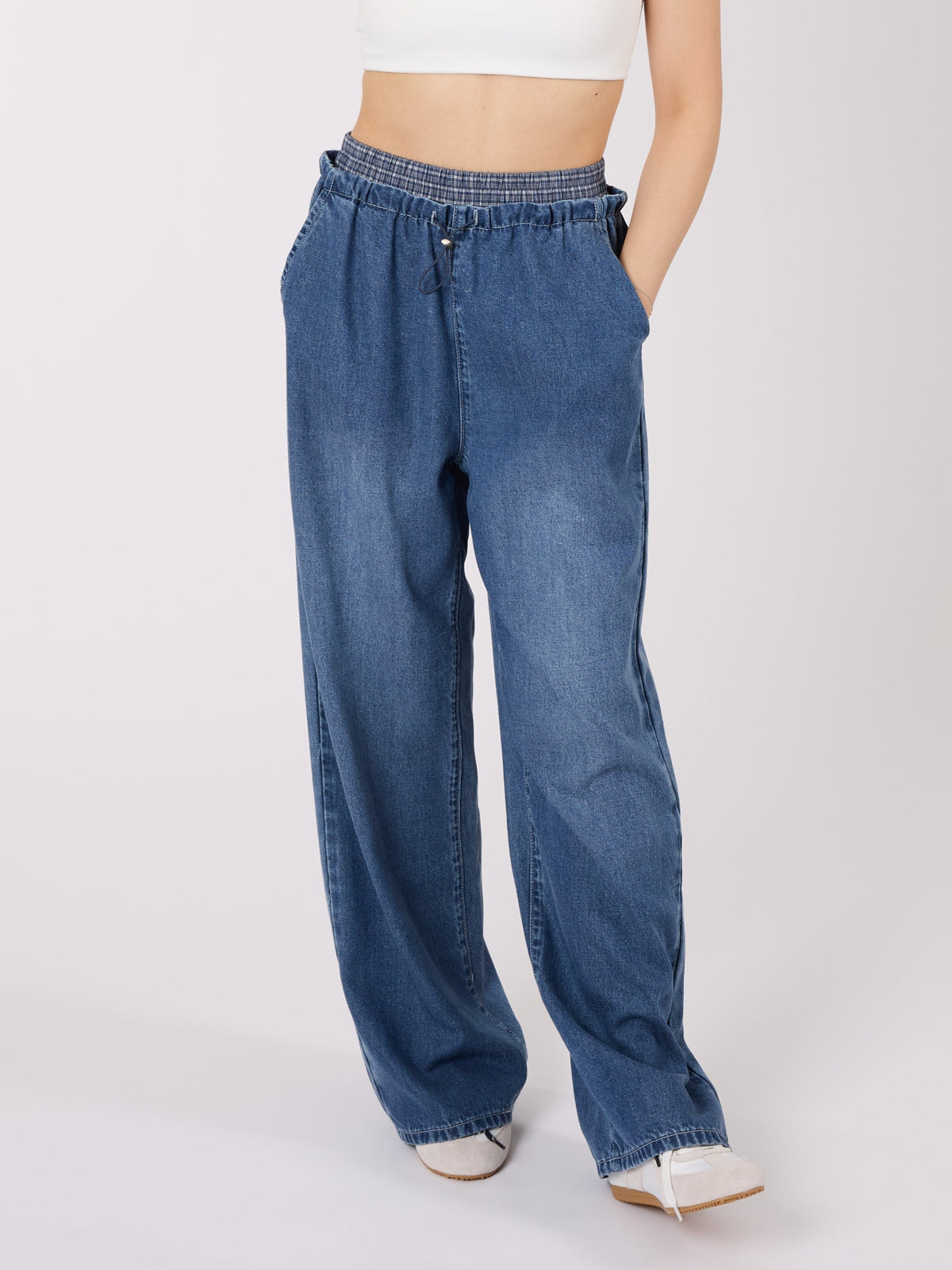 Double Layered Waist Wide Leg Denim Pants